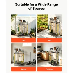 VEVOR Garden Tool Organizer with Wheels, Large Metal Garage Storage Rack, for Rakes/Shovels/Brooms/Long Farming Tools, Yard Utility Holder for Shed/Outdoor/Lawn Organization, Heavy-Duty Steel, Black