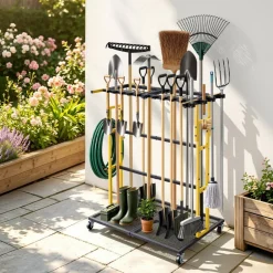 VEVOR Garden Tool Organizer with Wheels, Large Metal Garage Storage Rack, for Rakes/Shovels/Brooms/Long Farming Tools, Yard Utility Holder for Shed/Outdoor/Lawn Organization, Heavy-Duty Steel, Black