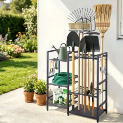 VEVOR Garden Tool Organizer with Guard Rail, 3-Tier Metal Storage Rack, for Rakes/Shovels/Brooms, Yard Utility Holder for Garage/Shed/Outdoor/Lawn Organization, Heavy-Duty Steel, with Hooks, Black