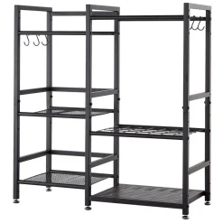 VEVOR Garden Tool Organizer with Guard Rail, 3-Tier Metal Storage Rack, for Rakes/Shovels/Brooms, Yard Utility Holder for Garage/Shed/Outdoor/Lawn Organization, Heavy-Duty Steel, with Hooks, Black