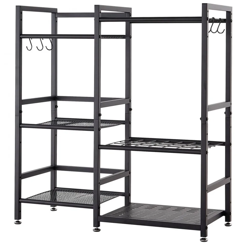 VEVOR Garden Tool Organizer with Guard Rail, 3-Tier Metal Storage Rack, for Rakes/Shovels/Brooms, Yard Utility Holder for Garage/Shed/Outdoor/Lawn Organization, Heavy-Duty Steel, with Hooks, Black