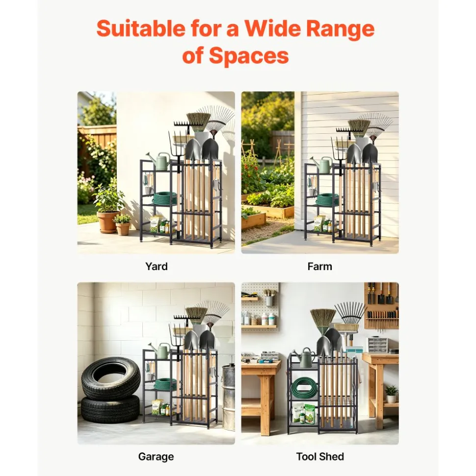 VEVOR Garden Tool Organizer with Guard Rail, 3-Tier Metal Storage Rack, for Rakes/Shovels/Brooms, Yard Utility Holder for Garage/Shed/Outdoor/Lawn Organization, Heavy-Duty Steel, with Hooks, Black