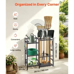VEVOR Garden Tool Organizer with Guard Rail, 3-Tier Metal Storage Rack, for Rakes/Shovels/Brooms, Yard Utility Holder for Garage/Shed/Outdoor/Lawn Organization, Heavy-Duty Steel, with Hooks, Black