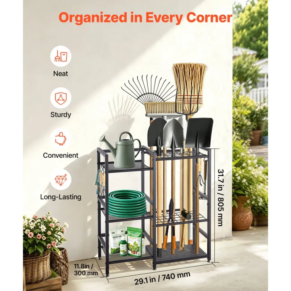 VEVOR Garden Tool Organizer with Guard Rail, 3-Tier Metal Storage Rack, for Rakes/Shovels/Brooms, Yard Utility Holder for Garage/Shed/Outdoor/Lawn Organization, Heavy-Duty Steel, with Hooks, Black