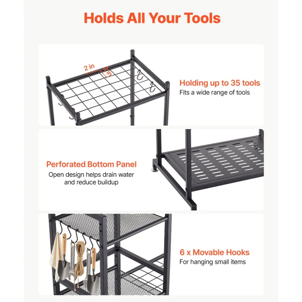 VEVOR Garden Tool Organizer with Guard Rail, 3-Tier Metal Storage Rack, for Rakes/Shovels/Brooms, Yard Utility Holder for Garage/Shed/Outdoor/Lawn Organization, Heavy-Duty Steel, with Hooks, Black