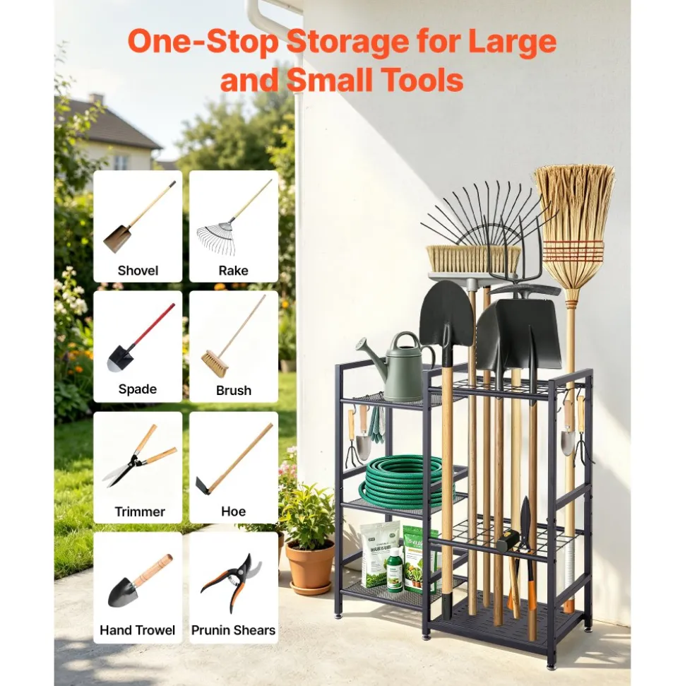 VEVOR Garden Tool Organizer with Guard Rail, 3-Tier Metal Storage Rack, for Rakes/Shovels/Brooms, Yard Utility Holder for Garage/Shed/Outdoor/Lawn Organization, Heavy-Duty Steel, with Hooks, Black