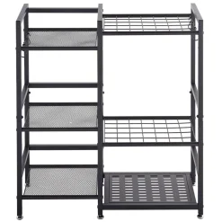 VEVOR Garden Tool Organizer with Guard Rail, 3-Tier Metal Storage Rack, for Rakes/Shovels/Brooms, Yard Utility Holder for Garage/Shed/Outdoor/Lawn Organization, Heavy-Duty Steel, with Hooks, Black