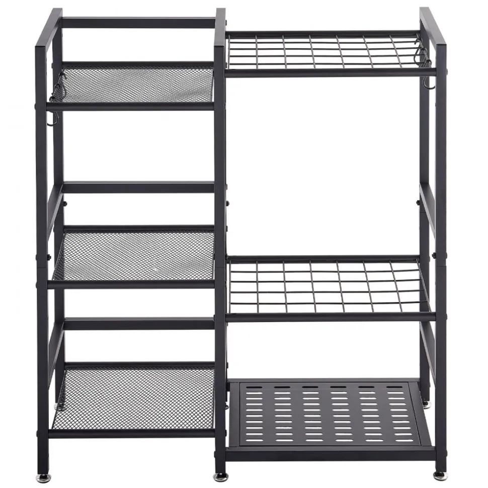 VEVOR Garden Tool Organizer with Guard Rail, 3-Tier Metal Storage Rack, for Rakes/Shovels/Brooms, Yard Utility Holder for Garage/Shed/Outdoor/Lawn Organization, Heavy-Duty Steel, with Hooks, Black