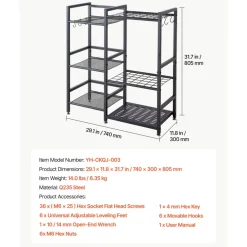 VEVOR Garden Tool Organizer with Guard Rail, 3-Tier Metal Storage Rack, for Rakes/Shovels/Brooms, Yard Utility Holder for Garage/Shed/Outdoor/Lawn Organization, Heavy-Duty Steel, with Hooks, Black