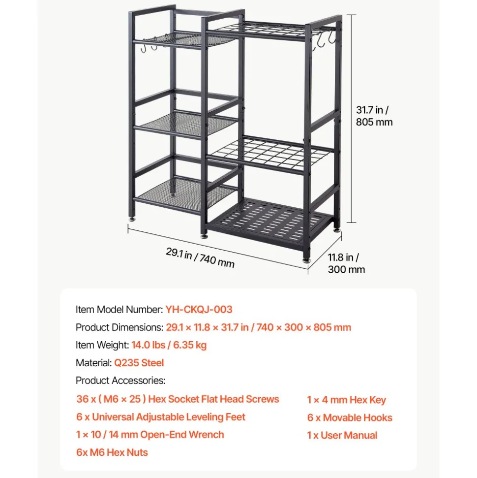 VEVOR Garden Tool Organizer with Guard Rail, 3-Tier Metal Storage Rack, for Rakes/Shovels/Brooms, Yard Utility Holder for Garage/Shed/Outdoor/Lawn Organization, Heavy-Duty Steel, with Hooks, Black