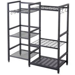 VEVOR Garden Tool Organizer with Guard Rail, 3-Tier Metal Storage Rack, for Rakes/Shovels/Brooms, Yard Utility Holder for Garage/Shed/Outdoor/Lawn Organization, Heavy-Duty Steel, with Hooks, Black