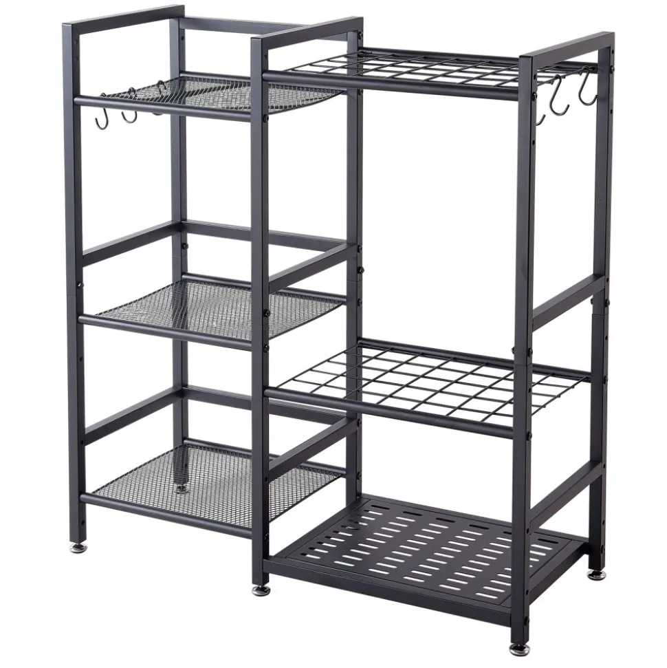 VEVOR Garden Tool Organizer with Guard Rail, 3-Tier Metal Storage Rack, for Rakes/Shovels/Brooms, Yard Utility Holder for Garage/Shed/Outdoor/Lawn Organization, Heavy-Duty Steel, with Hooks, Black