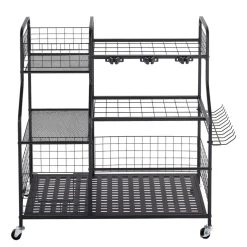 VEVOR Garden Tool Organizer with Wheels, Large Metal Garage Storage Rack, for Rakes/Shovels/Brooms, Yard Utility Tool Holder for Shed/Outdoor/Lawn Organization, Heavy-Duty Steel, with Hooks, Black