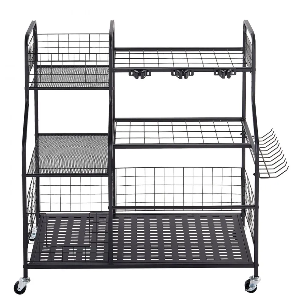 VEVOR Garden Tool Organizer with Wheels, Large Metal Garage Storage Rack, for Rakes/Shovels/Brooms, Yard Utility Tool Holder for Shed/Outdoor/Lawn Organization, Heavy-Duty Steel, with Hooks, Black
