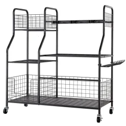 VEVOR Garden Tool Organizer with Wheels, Large Metal Garage Storage Rack, for Rakes/Shovels/Brooms, Yard Utility Tool Holder for Shed/Outdoor/Lawn Organization, Heavy-Duty Steel, with Hooks, Black