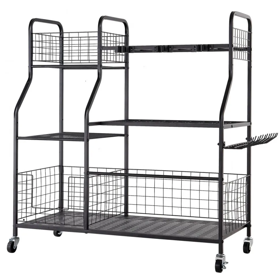 VEVOR Garden Tool Organizer with Wheels, Large Metal Garage Storage Rack, for Rakes/Shovels/Brooms, Yard Utility Tool Holder for Shed/Outdoor/Lawn Organization, Heavy-Duty Steel, with Hooks, Black