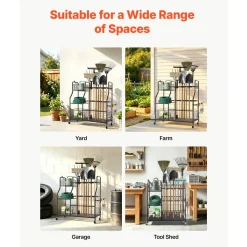 VEVOR Garden Tool Organizer with Wheels, Large Metal Garage Storage Rack, for Rakes/Shovels/Brooms, Yard Utility Tool Holder for Shed/Outdoor/Lawn Organization, Heavy-Duty Steel, with Hooks, Black