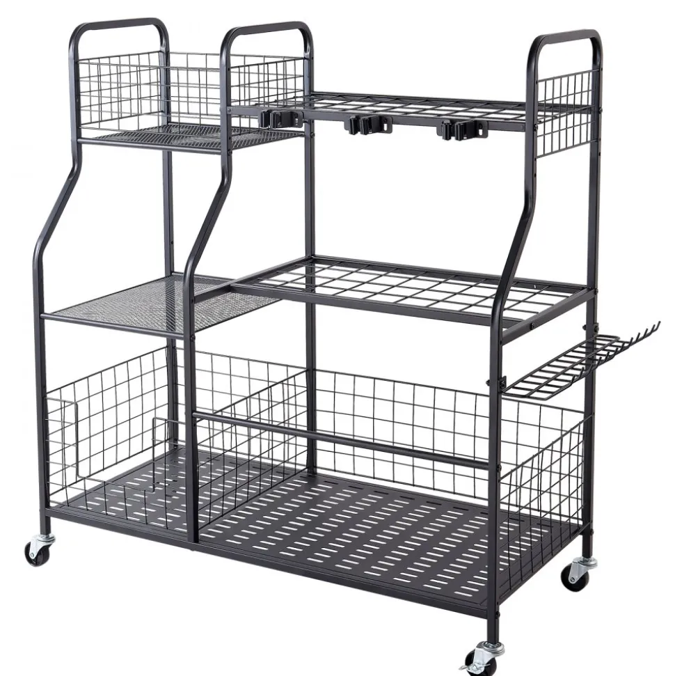 VEVOR Garden Tool Organizer with Wheels, Large Metal Garage Storage Rack, for Rakes/Shovels/Brooms, Yard Utility Tool Holder for Shed/Outdoor/Lawn Organization, Heavy-Duty Steel, with Hooks, Black