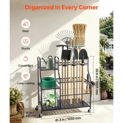 VEVOR Garden Tool Organizer with Wheels, Large Metal Garage Storage Rack, for Rakes/Shovels/Brooms, Yard Utility Tool Holder for Shed/Outdoor/Lawn Organization, Heavy-Duty Steel, with Hooks, Black