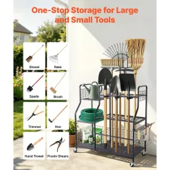VEVOR Garden Tool Organizer with Wheels, Large Metal Garage Storage Rack, for Rakes/Shovels/Brooms, Yard Utility Tool Holder for Shed/Outdoor/Lawn Organization, Heavy-Duty Steel, with Hooks, Black