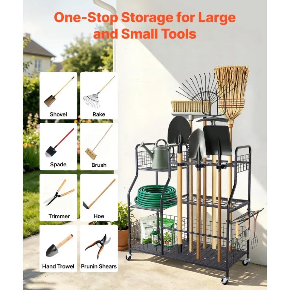 VEVOR Garden Tool Organizer with Wheels, Large Metal Garage Storage Rack, for Rakes/Shovels/Brooms, Yard Utility Tool Holder for Shed/Outdoor/Lawn Organization, Heavy-Duty Steel, with Hooks, Black