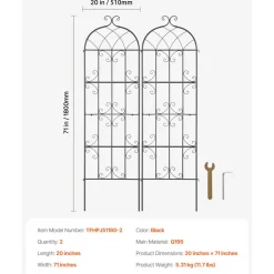 VEVOR Garden Trellis for Climbing Plants, 71 x 20 in, 2 Packs Rustproof Metal Garden Flower Trellis, Outdoor Climbing Rose Trellis Cucumbers Support, Decorative Clematis Trellis for Courtyards Lawns