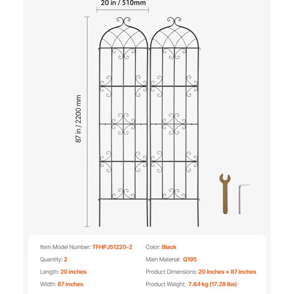 VEVOR Garden Trellis for Climbing Plants, 87 x 20 in, 2 Packs Rustproof Metal Garden Flower Trellis, Outdoor Climbing Rose Trellis Cucumbers Support, Decorative Clematis Trellis for Courtyards Lawns