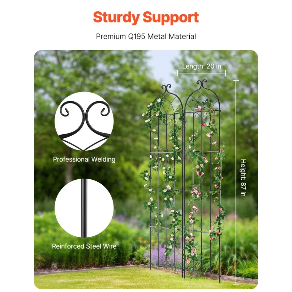 VEVOR Garden Trellis for Climbing Plants, 87 x 20 in, 2 Packs Rustproof Metal Garden Flower Trellis, Outdoor Climbing Rose Trellis Cucumbers Support, Decorative Clematis Trellis for Courtyards Lawns