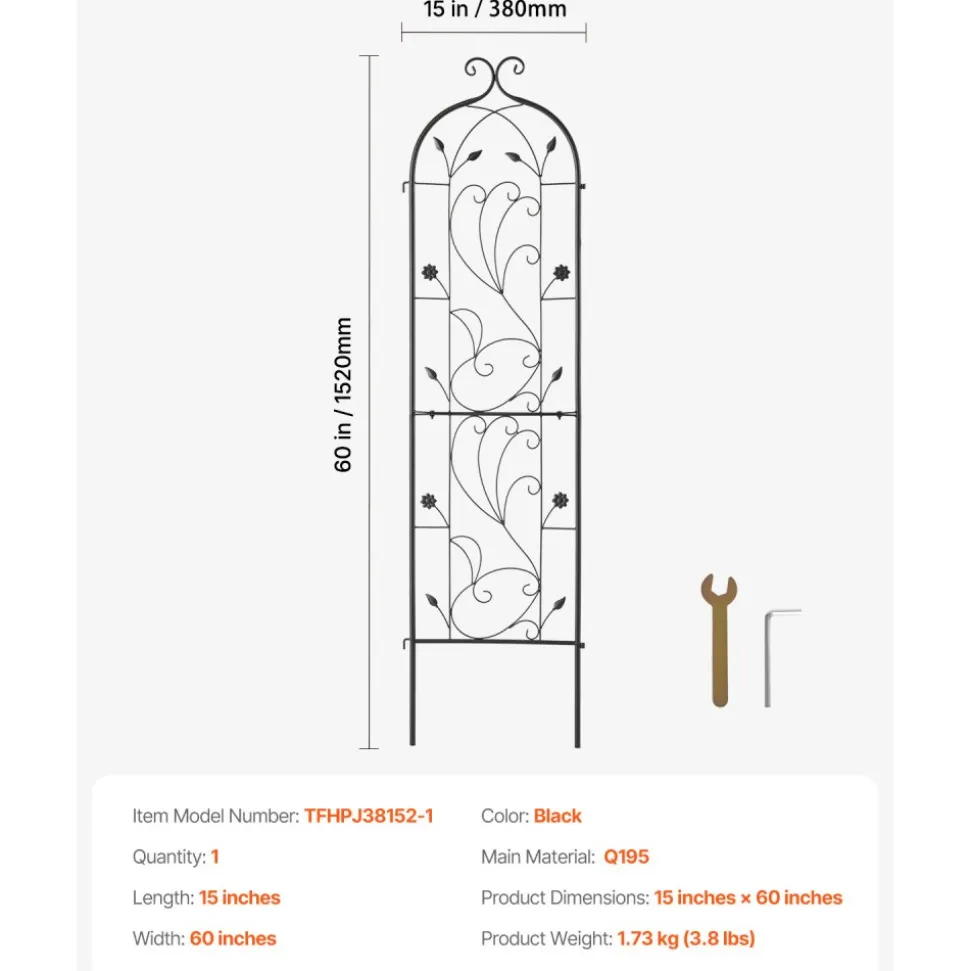 VEVOR Garden Trellis for Climbing Plants, 60 x 15 in, Rustproof Metal Garden Flower Trellis, Outdoor Climbing Rose Trellis Cucumbers Support, Decorative Tall Clematis Trellis for Courtyards Lawns