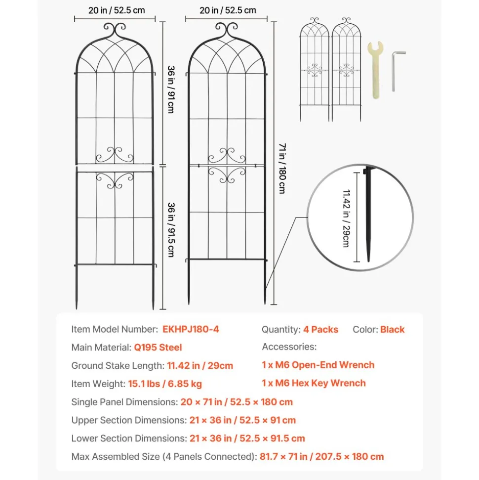 VEVOR Garden Trellis, 71 x 20 inch Rose Trellis, 4 Packs Garden Flower Rose Trellises with Powder-Coated Finish & Convenient Locking Design, Plant Support Trellises for Flowers, Vegetables, Roses