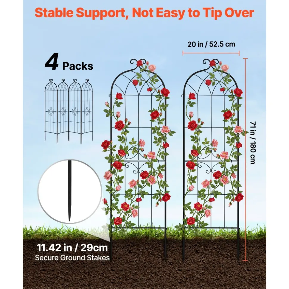 VEVOR Garden Trellis, 71 x 20 inch Rose Trellis, 4 Packs Garden Flower Rose Trellises with Powder-Coated Finish & Convenient Locking Design, Plant Support Trellises for Flowers, Vegetables, Roses