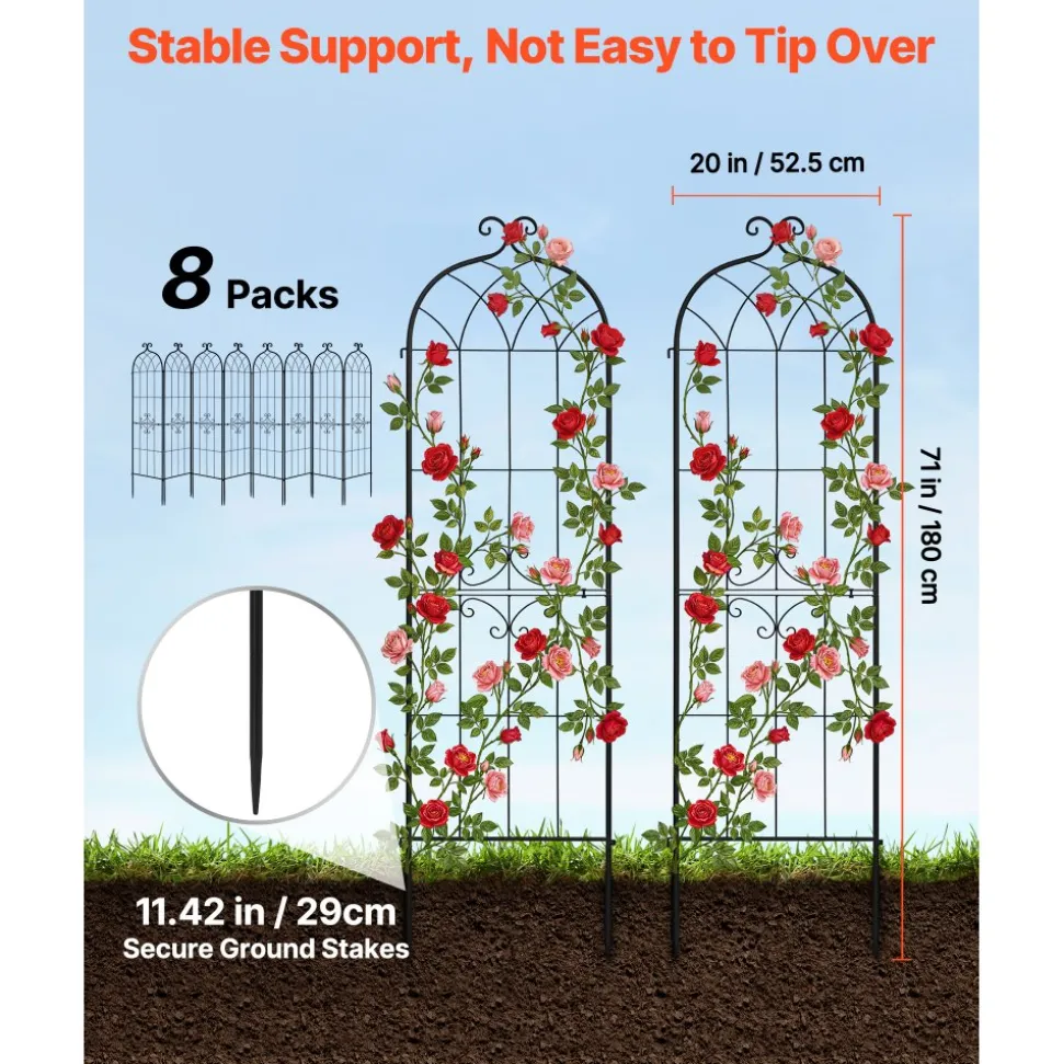 VEVOR Garden Trellis, 71 x 20 inch Rose Trellis, 8 Packs Garden Flower Rose Trellises with Powder-Coated Finish & Convenient Locking Design, Plant Support Trellises for Flowers, Vegetables, Roses