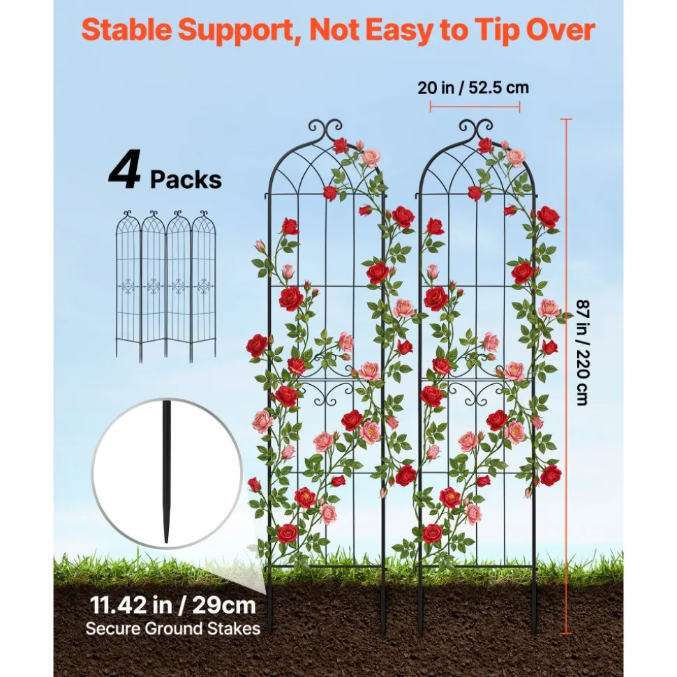 VEVOR Garden Trellis, 87 x 20 inch Rose Trellis, 4 Packs Garden Flower Rose Trellises with Powder-Coated Finish & Convenient Locking Design, Plant Support Trellises for Flowers, Vegetables, Roses