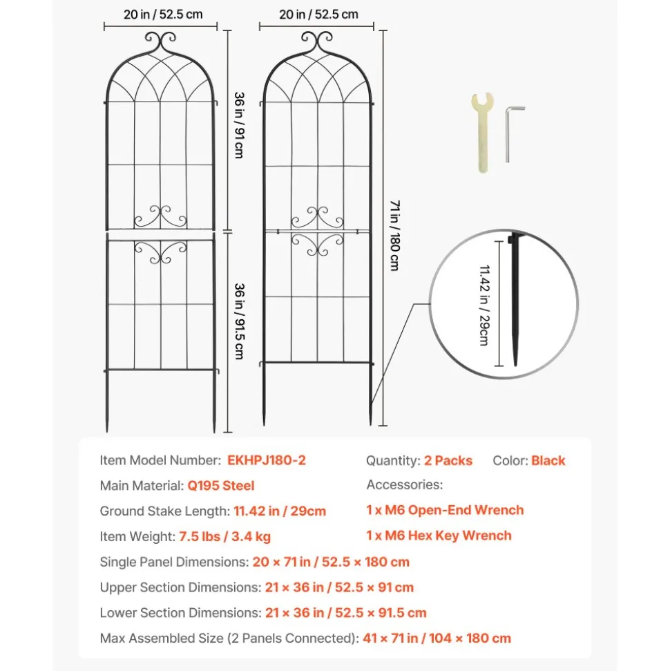 VEVOR Garden Trellis, 71 x 20 inch Rose Trellis, 2 Packs Garden Flower Rose Trellises with Powder-Coated Finish & Convenient Locking Design, Plant Support Trellises for Flowers, Vegetables, Roses