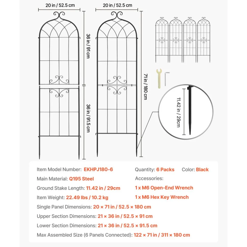 VEVOR Garden Trellis, 71 x 20 inch Rose Trellis, 6 Packs Garden Flower Rose Trellises with Powder-Coated Finish & Convenient Locking Design, Plant Support Trellises for Flowers, Vegetables, Roses