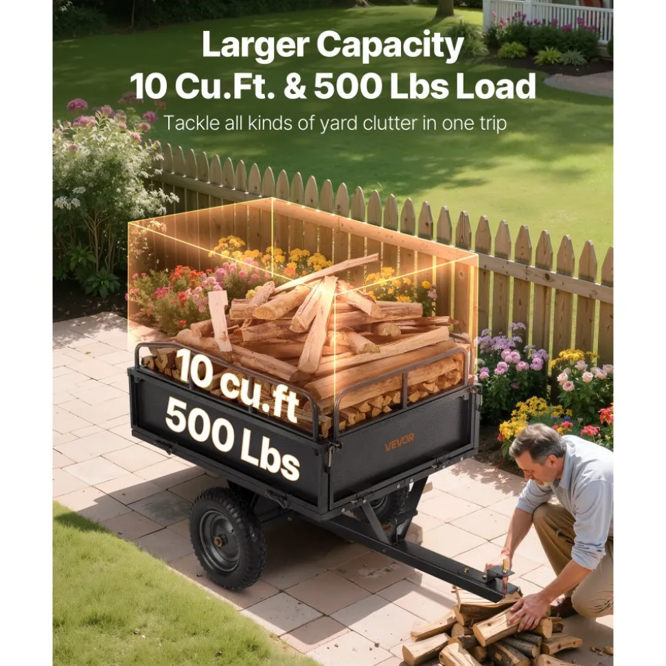 VEVOR Garden Utility Trailer, 10 Cu. Ft & 500lbs Capacity, ATV UTV Hauling Trailer, Tow Behind Steel Dump Cart with 14" Tires, Hand Pull or Foot Pedal, Heavy Duty Yard Trailers for Lawn Mower Tractor
