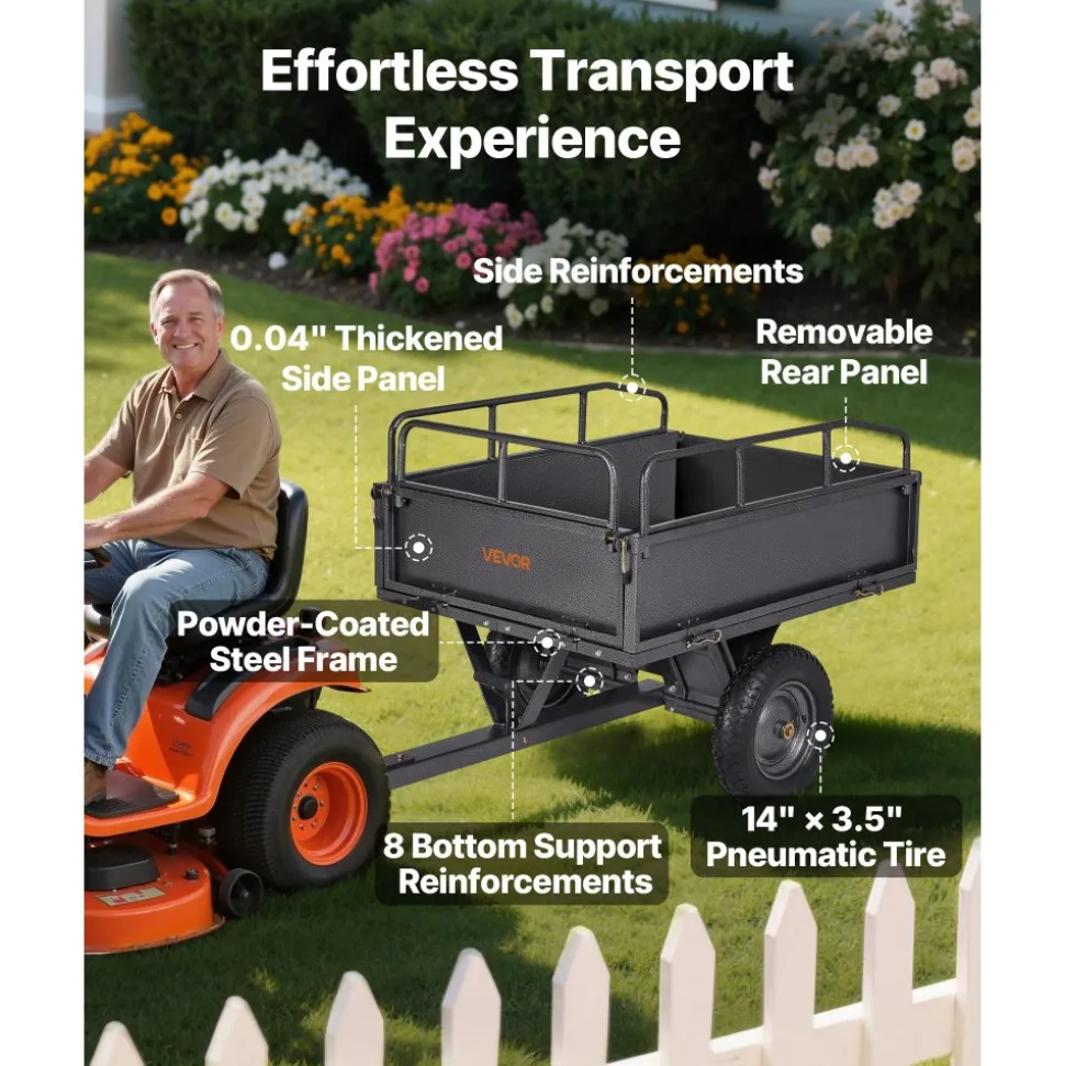 VEVOR Garden Utility Trailer, 10 Cu. Ft & 500lbs Capacity, ATV UTV Hauling Trailer, Tow Behind Steel Dump Cart with 14" Tires, Hand Pull or Foot Pedal, Heavy Duty Yard Trailers for Lawn Mower Tractor