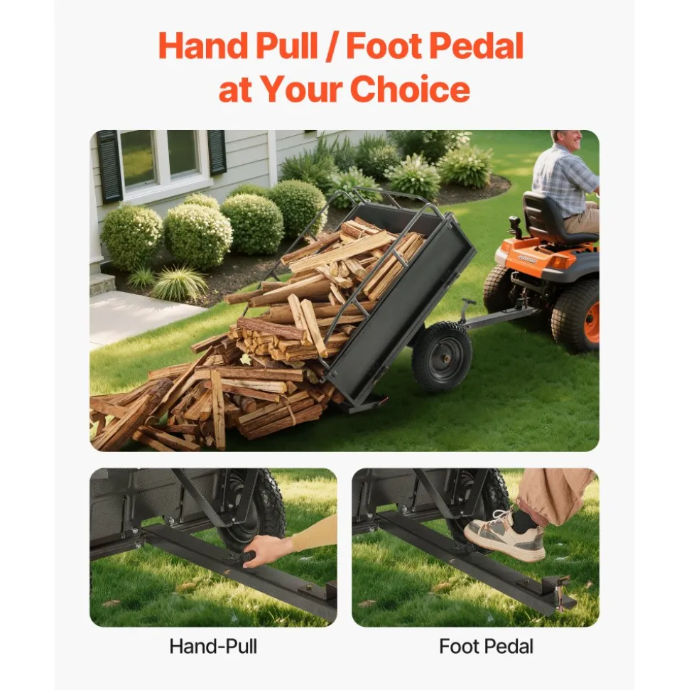 VEVOR Garden Utility Trailer, 10 Cu. Ft & 500lbs Capacity, ATV UTV Hauling Trailer, Tow Behind Steel Dump Cart with 14" Tires, Hand Pull or Foot Pedal, Heavy Duty Yard Trailers for Lawn Mower Tractor