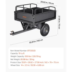 VEVOR Garden Utility Trailer, 10 Cu. Ft & 500lbs Capacity, ATV UTV Hauling Trailer, Tow Behind Steel Dump Cart with 14