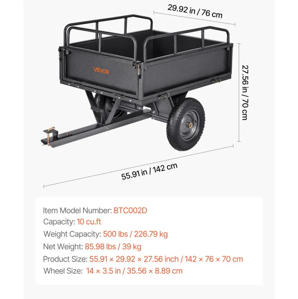 VEVOR Garden Utility Trailer, 10 Cu. Ft & 500lbs Capacity, ATV UTV Hauling Trailer, Tow Behind Steel Dump Cart with 14" Tires, Hand Pull or Foot Pedal, Heavy Duty Yard Trailers for Lawn Mower Tractor