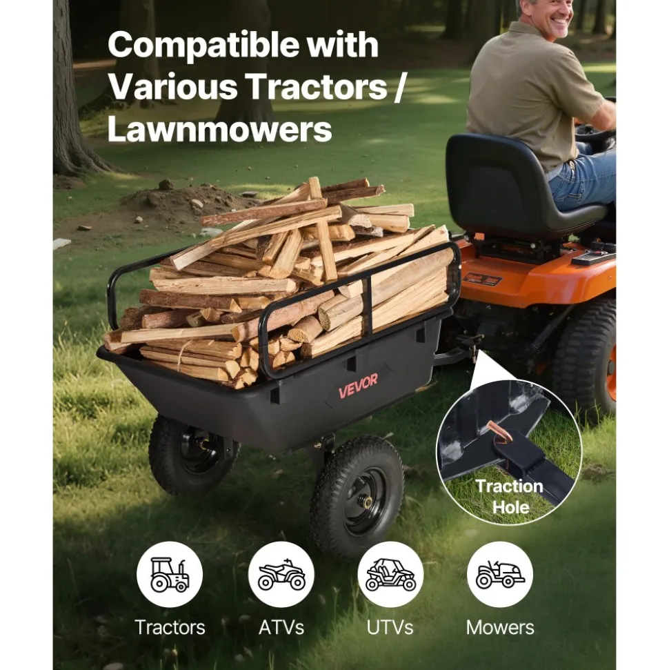 VEVOR Garden Utility Trailer, 10 Cu. Ft 500lbs, ATV UTV Hauling Trailer, Tow Behind Poly Dump Cart with 16" Tires, Hand Pull or Foot Pedal, Heavy Duty Yard Trailers for Lawn Mower Tractor Garden Waste