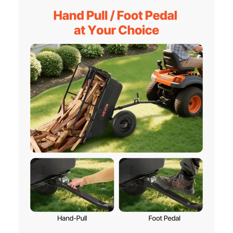 VEVOR Garden Utility Trailer, 10 Cu. Ft 500lbs, ATV UTV Hauling Trailer, Tow Behind Poly Dump Cart with 16" Tires, Hand Pull or Foot Pedal, Heavy Duty Yard Trailers for Lawn Mower Tractor Garden Waste
