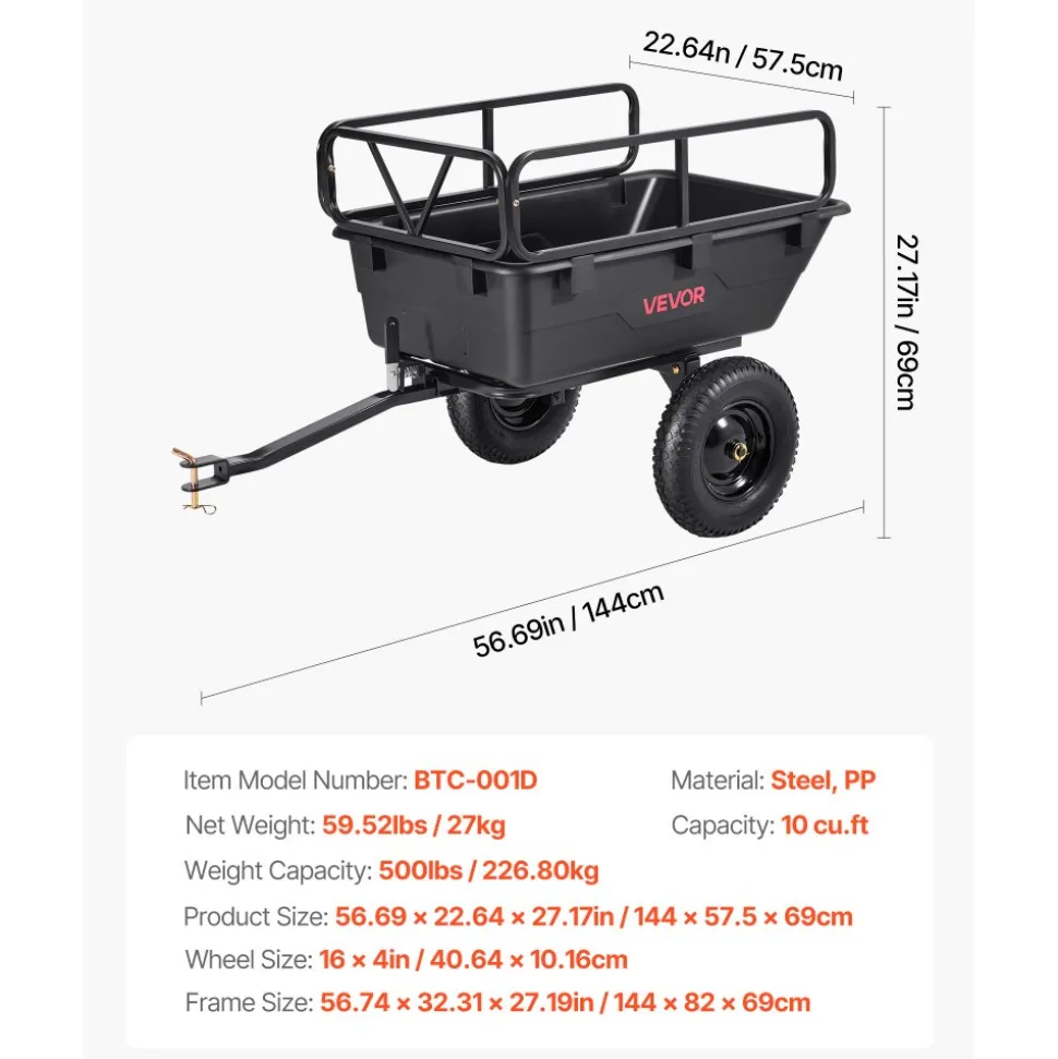 VEVOR Garden Utility Trailer, 10 Cu. Ft 500lbs, ATV UTV Hauling Trailer, Tow Behind Poly Dump Cart with 16" Tires, Hand Pull or Foot Pedal, Heavy Duty Yard Trailers for Lawn Mower Tractor Garden Waste