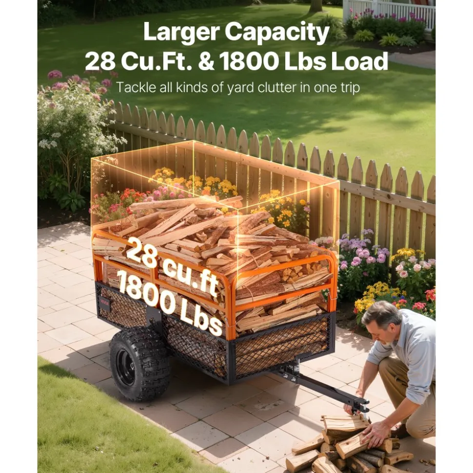 VEVOR Garden Utility Trailer, 28 Cu. Ft. & 1800lbs, ATV UTV Trailer, Tow Behind Steel Dump Trailers, Removable Rear Panel, Heavy Duty Pull Behind Yard Trailers for Lawn Mower Tractor Garden Waste