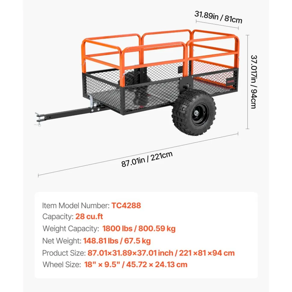 VEVOR Garden Utility Trailer, 28 Cu. Ft. & 1800lbs, ATV UTV Trailer, Tow Behind Steel Dump Trailers, Removable Rear Panel, Heavy Duty Pull Behind Yard Trailers for Lawn Mower Tractor Garden Waste