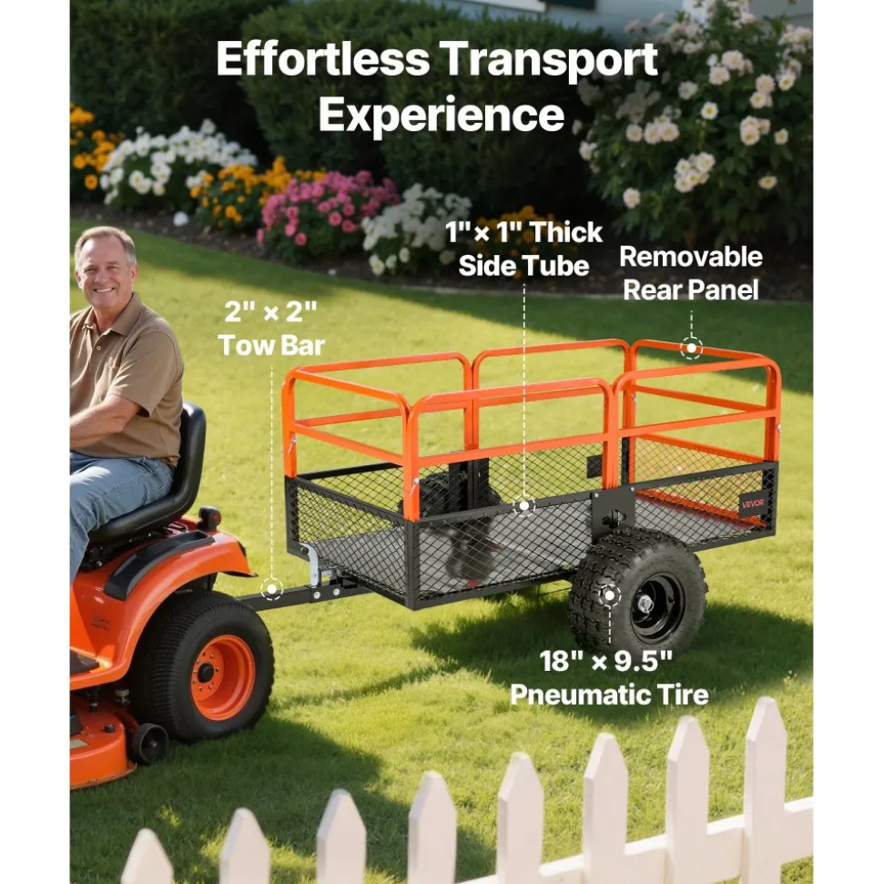 VEVOR Garden Utility Trailer, 28 Cu. Ft. & 1800lbs, ATV UTV Trailer, Tow Behind Steel Dump Trailers, Removable Rear Panel, Heavy Duty Pull Behind Yard Trailers for Lawn Mower Tractor Garden Waste