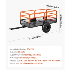 VEVOR Garden Utility Trailer, 22 Cu. Ft. & 1600lbs, ATV UTV Trailer, Tow Behind Steel Dump Trailers, Removable Rear Panel, Heavy Duty Pull Behind Yard Trailers for Lawn Mower Tractor Garden Waste
