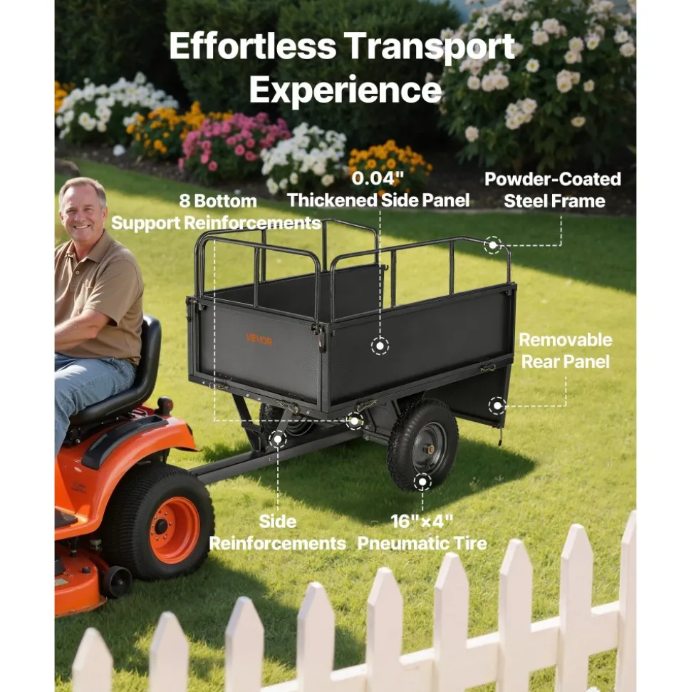 VEVOR Garden Utility Trailer, 17 Cu. Ft & 600lbs Capacity, ATV UTV Hauling Trailer, Tow Behind Steel Dump Cart with 16" Tires, Hand Pull or Foot Pedal, Heavy Duty Yard Trailers for Lawn Mower Tractor