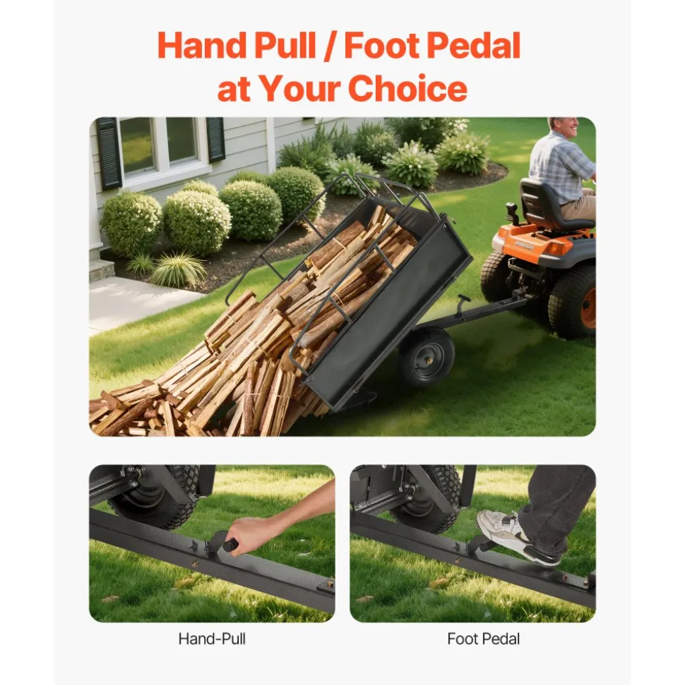VEVOR Garden Utility Trailer, 17 Cu. Ft & 600lbs Capacity, ATV UTV Hauling Trailer, Tow Behind Steel Dump Cart with 16" Tires, Hand Pull or Foot Pedal, Heavy Duty Yard Trailers for Lawn Mower Tractor