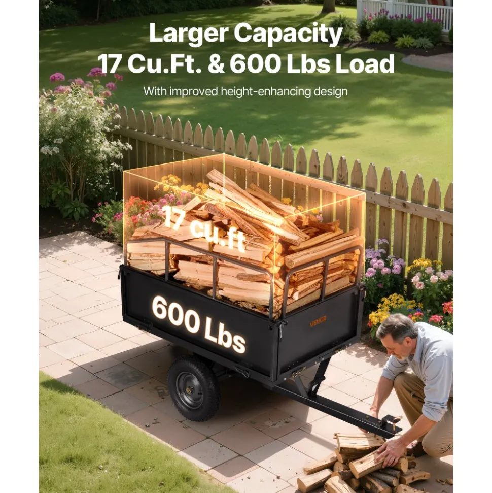 VEVOR Garden Utility Trailer, 17 Cu. Ft & 600lbs Capacity, ATV UTV Hauling Trailer, Tow Behind Steel Dump Cart with 16" Tires, Hand Pull or Foot Pedal, Heavy Duty Yard Trailers for Lawn Mower Tractor